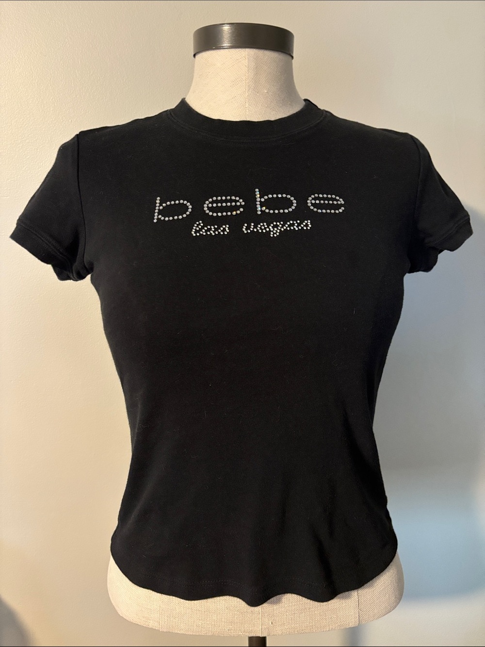 bebe Black Short Sleeve Tee with Rhinestone Logo - Picture 1 of 3